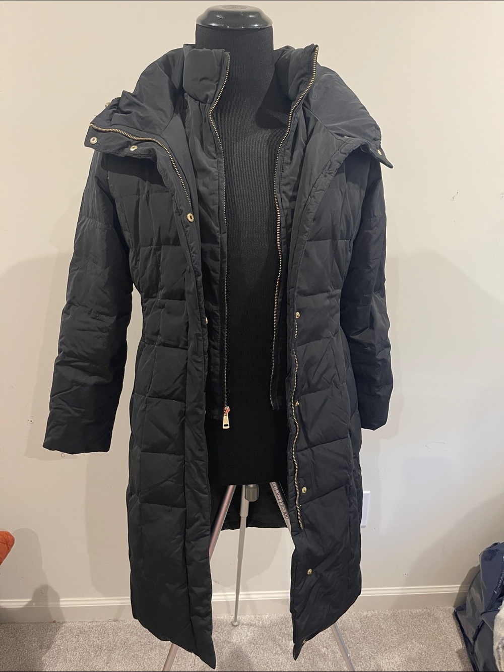 Cole Haan Black Quilted Long Hooded Puffer Coat